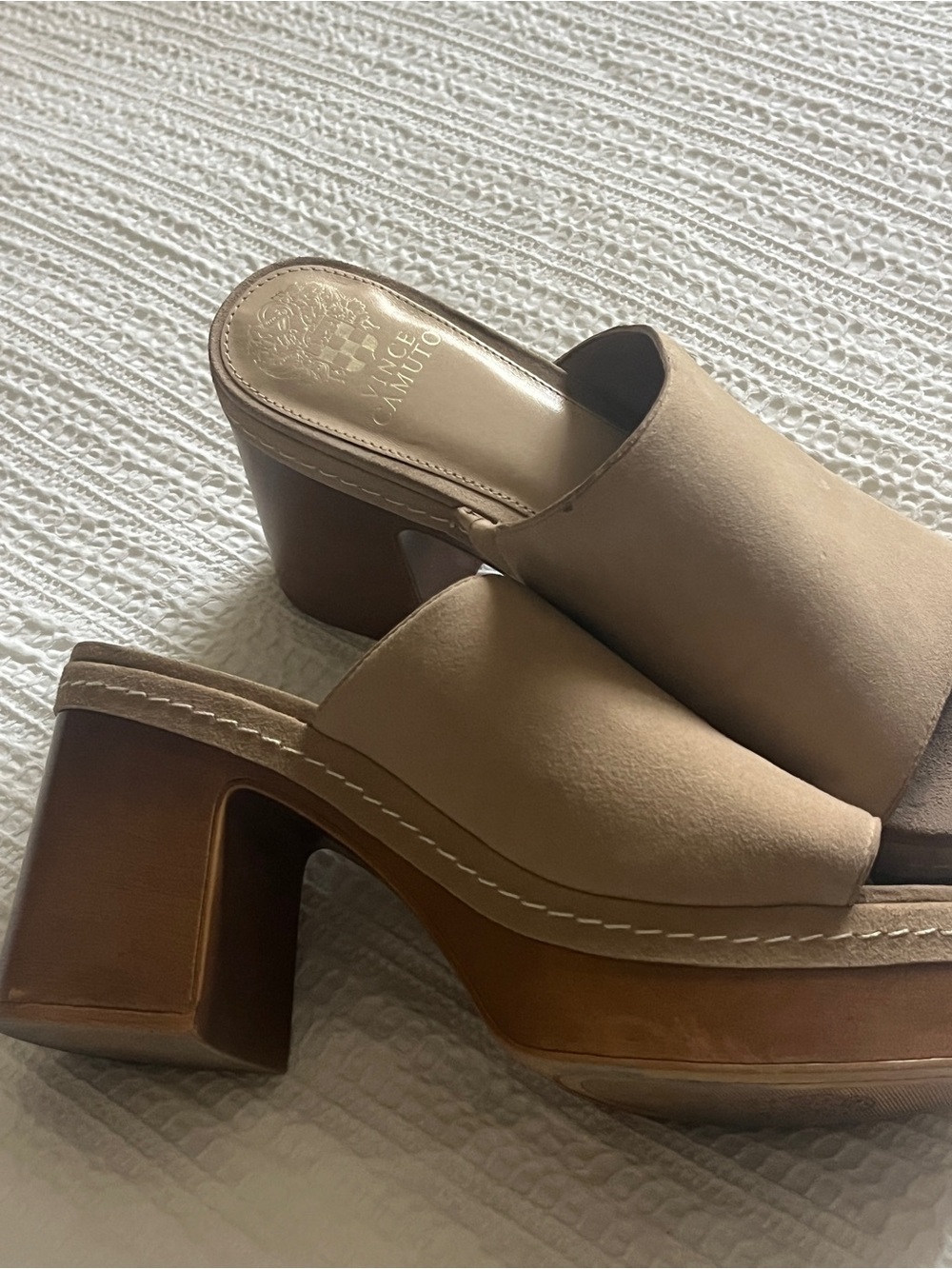 Vince Camuto Neutral Beige Suede Platform Mules